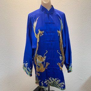 Beautiful blue silk kimono jacket with mandarin collar and golden dragon design